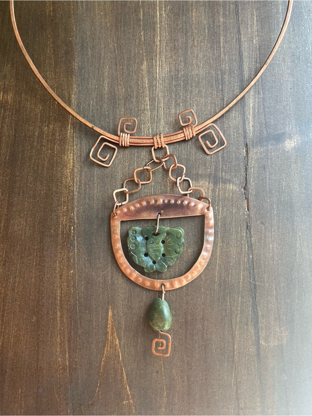 Handcrafted Copper Necklace with Jade Pendant